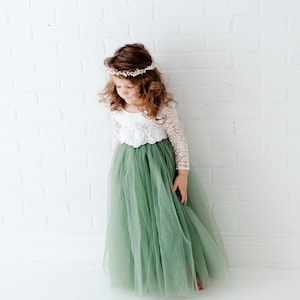 Sage Green Long Sleeve Flower Girl Dress, White Lace Boho Wedding Dress for Girls, Mint Tulle Ball Gown, Eucalyptus & Fern Inspired image 7