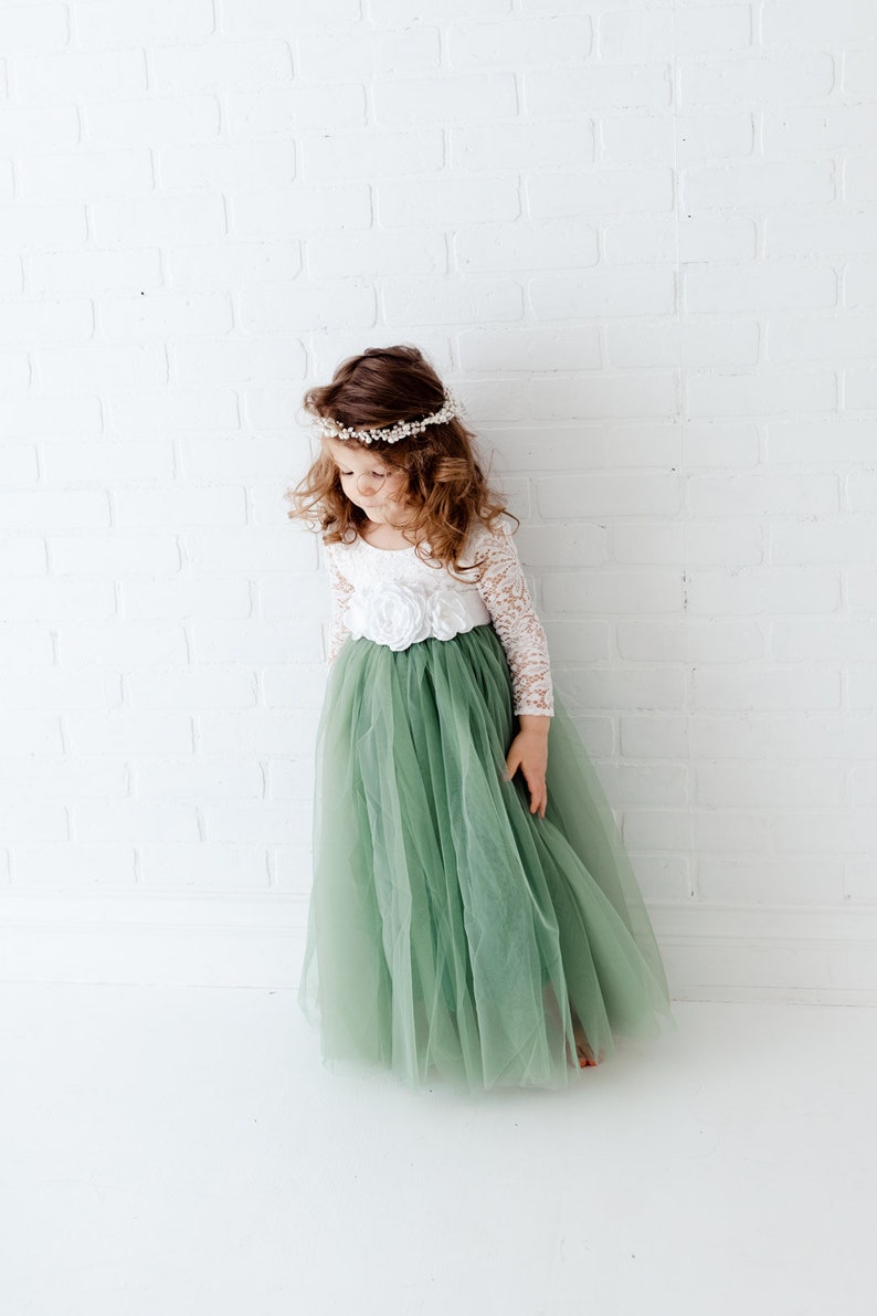 Sage Green Long Sleeve Flower Girl Dress, White Lace Boho Wedding Dress for Girls, Mint Tulle Ball Gown, Eucalyptus & Fern Inspired image 7
