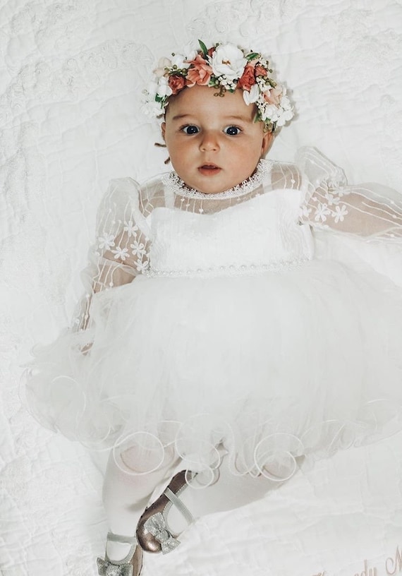 The Sarah Dress Baby Girl Baptism Gown, White Lace Christening Dress, Long Sleeve Bohemian Blessing Outfit, Infant Flower Girl Dress