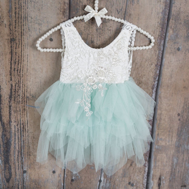White Lace Flower Girl Dress, Baby Tulle Wedding dress, Mint Green Tutu Dress, Elegant Boho Chic, Couture, Pearl Bead Detail, Shabby Chic image 2