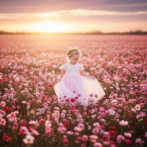 May include: A child wearing a sleeveless white lace bodice dress with a flowing pale pink tulle skirt, standing in a vast field of pink and white flowers during a sunset. The child has a braided hairstyle adorned with a delicate floral headband.
