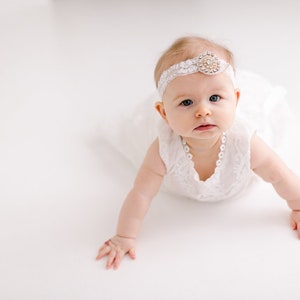 Lace Christening Gown, White Baby Baptism Dress, Boho Linen Flower Girl Dress