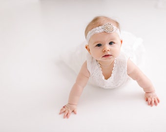 Lace Christening Gown, White Baby Baptism Dress, Boho Linen Flower Girl Dress