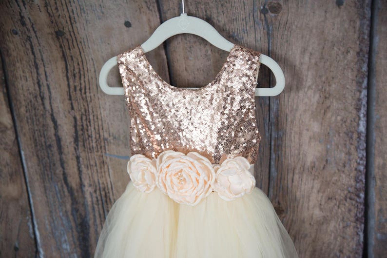 Romantic Tulle Flower Girl Dress, Boho Chic Dresses, Ivory Ball Gown, Rose Gold Sequin Dress image 2