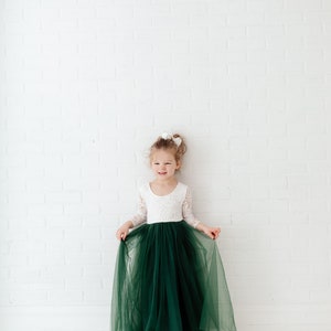 White Lace Flower Girl Dress, Hunter Green Tulle, Long Sleeve Wedding Dress, Floor Length Boho, Infant Flower Girl Dress image 4