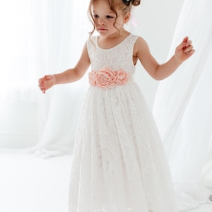Boho Lace Flower Girl Dress, White Tulle Wedding Dress for Girls, Beach Rustic Bohemian Junior Bridesmaid Gown image 7