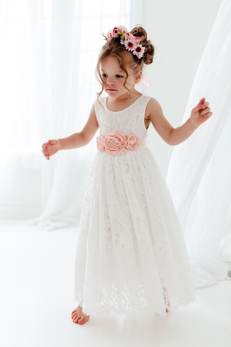 Boho Lace Flower Girl Dress, White Tulle Wedding Dress for Girls, Beach Rustic Bohemian Junior Bridesmaid Gown image 7
