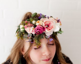 Boho Flower Crown, Flower Tiara, Pink Purple Crown, Flower Halo, Bohemian Flower Girl Headpiece, Floral Wreath