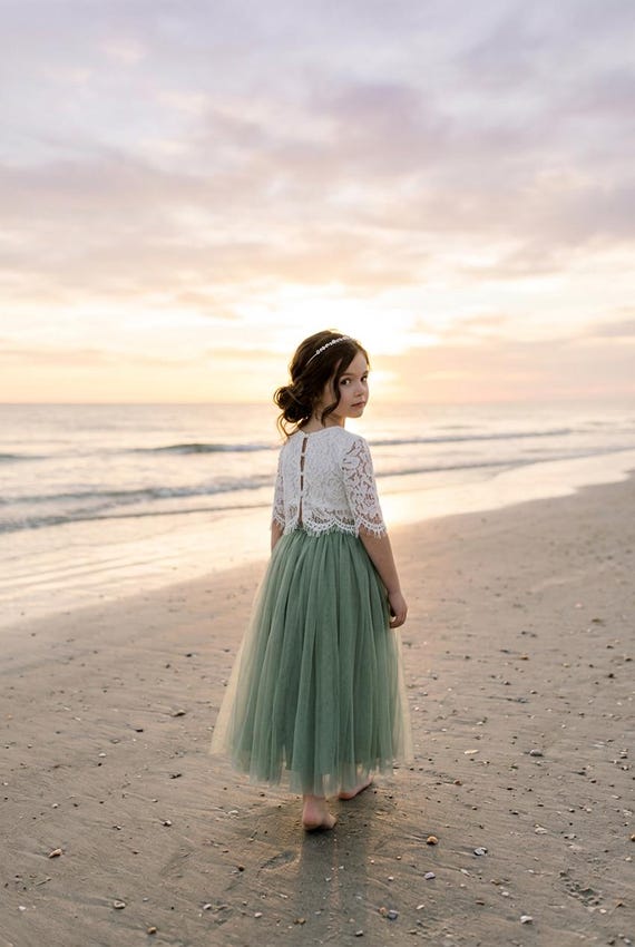 sage green two piece dress Moss Tulle Flower Girl Dress, White Lace Tulle Top, Fairy Wedding for Girls Crop top