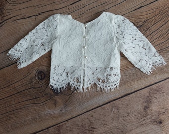 White Lace Flower Girl Top, Two Piece Top Only, Romantic Fringe Lace, Covered Buttons Scalloped Back