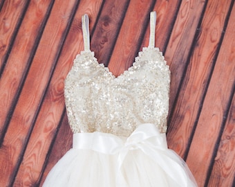 Gold Ivory Tulle Flower Girl Dress Sash Belt set, Gold sequin dress, Gold Ivory Cream Wedding, Ball Gown, Gold glitter, Ivory tutu dress
