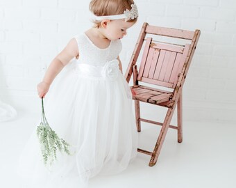 Boho Girls Flower Girl Dress, White Sequin Ball Gown, Floor Length Dress, Long White Dress