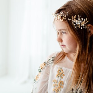 Lavelle Gold Floral Wedding Headband, Flower Girl Halo Crown, Rhinestone Baby Headband, Bohemian Greek Goddess Headpiece image 8