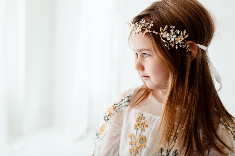Lavelle Gold Floral Wedding Headband, Flower Girl Halo Crown, Rhinestone Baby Headband, Bohemian Greek Goddess Headpiece image 8
