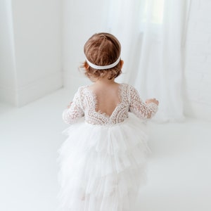 Romantic White Lace Toddler Flower Girl Dress, Boho Long Sleeve Crochet Tulle Wedding Gown for Girls image 10