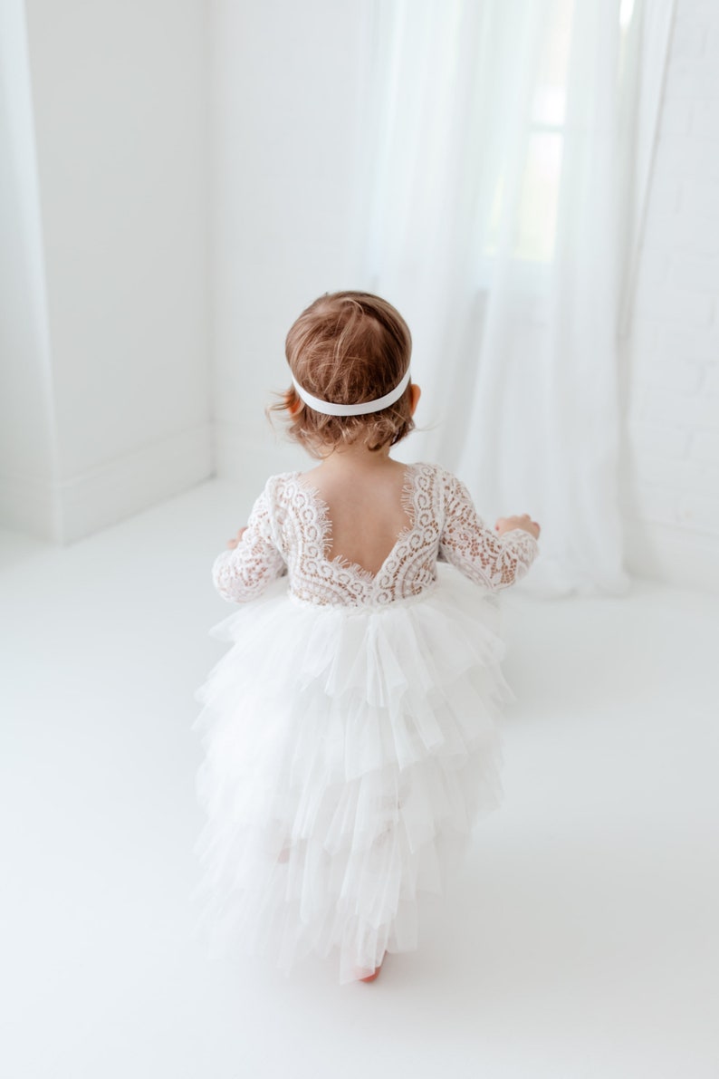 Romantic White Lace Toddler Flower Girl Dress, Boho Long Sleeve Crochet Tulle Wedding Gown for Girls image 10