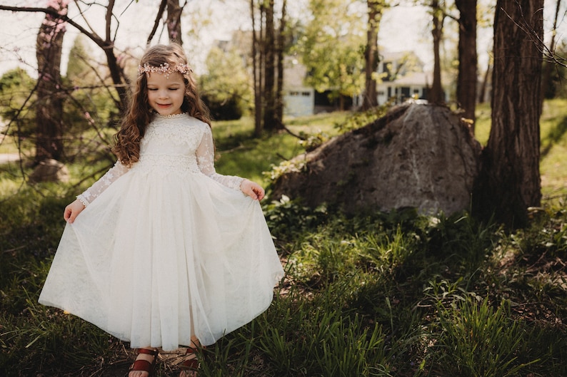 Long Sleeve Lace Flower Girl Dress, Rustic Tulle Winter Wedding Dress for Girls, Bohemian Christening Gown, Junior Bridesmaid Outfit image 11