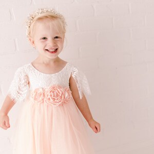 Blush Pink Tulle Short Sleeve Wedding Gown, White Lace Floor Length Flower Girl Dress, Ball Gown, Boho Chic Beach, Dusty Rose Spring. Aria image 6
