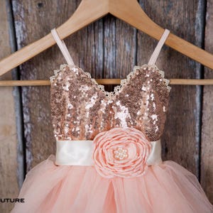 May include: A blush pink tulle dress with a rose gold sequin bodice and a large blush pink flower accent. The dress is on a wooden hanger.