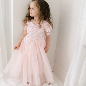 Rustic Lace Flower Girl Dress, Blush Pink Boho Wedding Dress for Girls, Rose Gold Tulle Junior Bridesmaid Gown image 4