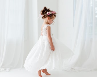 Boho Lace Flower Girl Dress, White Tulle Wedding Dress, Beach Wedding Dress, Rustic Bohemian Dresses