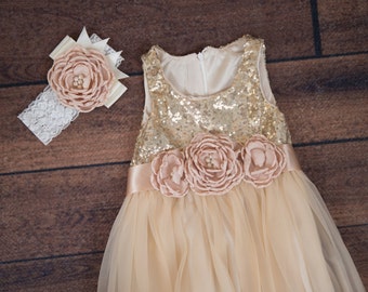 Champagne Tulle Flower Girl Dress, Romantic Gold Sequin Ball Gown, Girls Boho Dresses