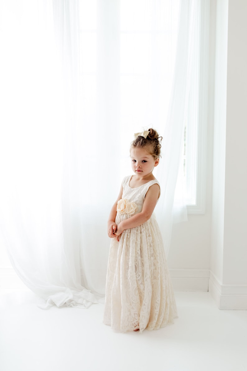 Boho Lace Flower Girl Dress, Cream Tulle Wedding Dress for Girls, Beach Rustic Bohemian Junior Bridesmaid Gown image 6