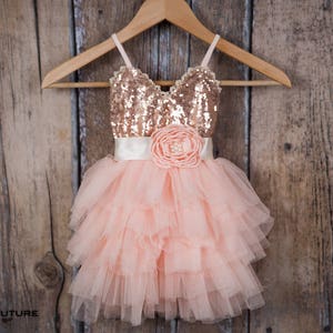 May include: A peach tulle dress with a rose gold sequin bodice and a satin sash with a large flower accent. The dress is hanging on a wooden hanger.