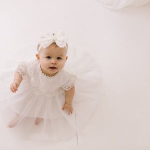 Lace Christening Gown, White Baptism Dress, White Flower Girl Dress, Boho Linen Christening Dress image 10