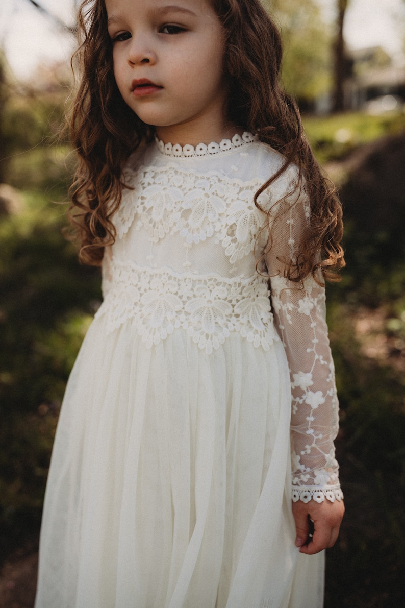 Boho Lace Flower Girl Dress, Bohemian Ivory Tulle Wedding Dress, Rustic Lace Dress, Boho Christening Gown, Baptism Dress, Communion image 2