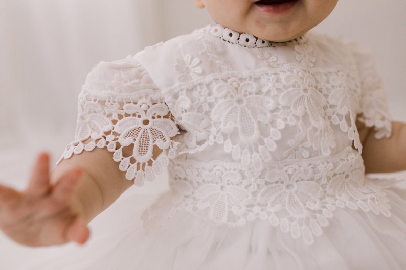 Lace Christening Gown, White Baptism Dress, White Flower Girl Dress, Boho Linen Christening Dress image 4