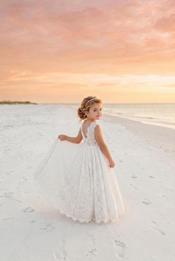 beach flower girl dresses casual Boho Lace Dresses, White Tulle Wedding Gown, Wedding Outfit & First Communion Dress neckline:crew Mother of the bride Paint Color:Sage