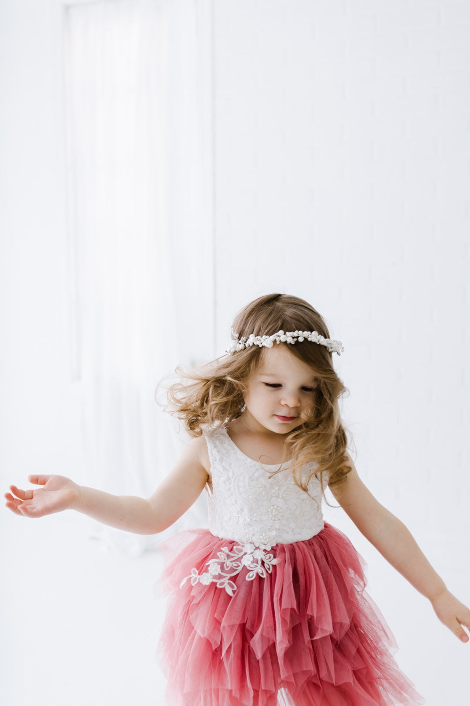 White Lace Infant Flower Girl Dress Dusty Rose Tulle Wedding Etsy