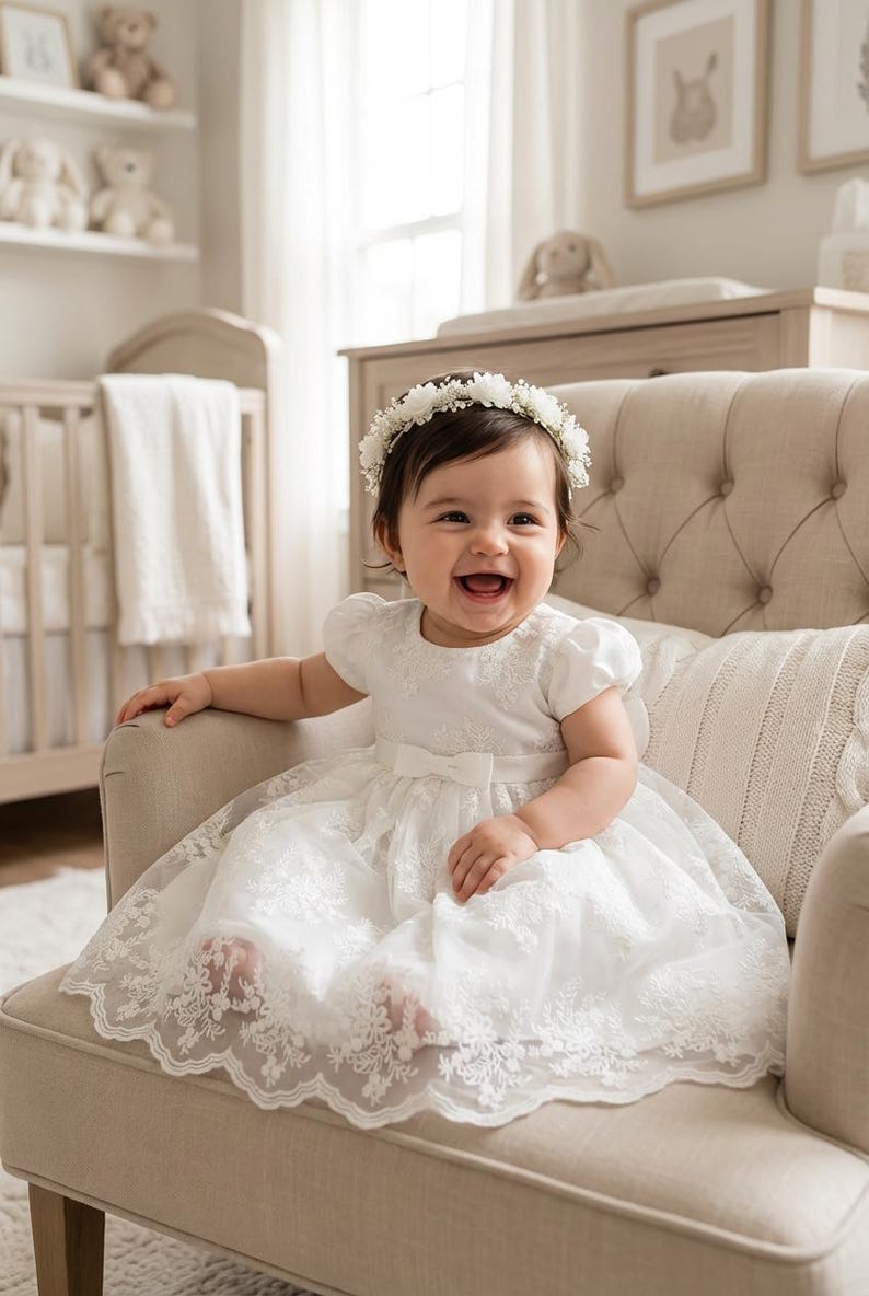 May include: A white infant dress featuring short puff sleeves, a round neckline, and a bodice with intricate floral embroidery. The skirt has a layered tulle overlay with matching floral lace trim at the hem, accented by a small bow at the waist.