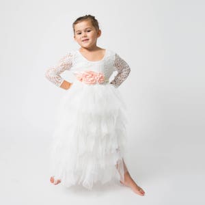 Romantic White Lace Toddler Flower Girl Dress, Boho Long Sleeve Crochet Tulle Wedding Gown for Girls image 3