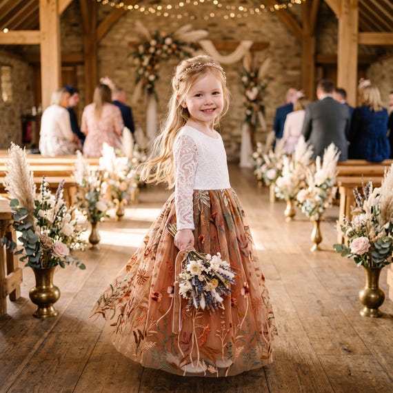 Burnt Orange Floral Embroidered Flower Girl Dress, White Lace Long Sleeve Gown, Rust Floor Length Tulle Dress, Terracotta Wedding Dress