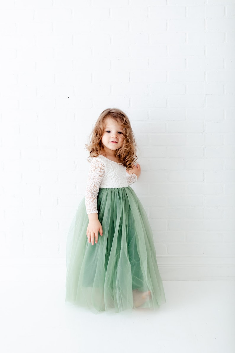 Dusty Sage Mint Green Long Sleeve Wedding Gown Boho Chic Beach Fern Eucalyptus Seagrass Floor Length White Lace Flower Girl Dress