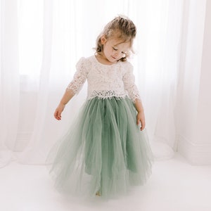 Moss Green Tulle Two Piece Tutu Skirt, Sage Flower Girl Dress, Boho White Lace Dresses