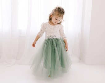 Moss Green Tulle Two-Piece Flower Girl Dress, Sage Tutu Skirt with White Lace Top, Boho Wedding Dress for Girls