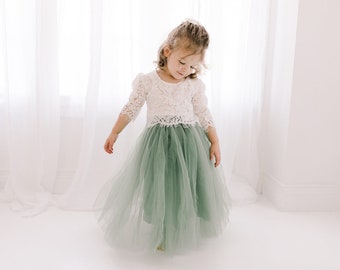 Moosgrüner Tüll Zweiteiler Tutu Rock, Sage Flower Girl Kleid, Boho Weiße Spitzenkleider