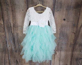 White Lace Flower Girl Dress, Mint Green Tulle Wedding Gown for Girls, Romantic Long Sleeve Aqua Dress