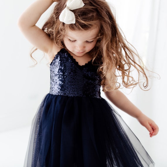 Navy Blue Sequin Girls Dress Smoke Blue Boho Flower Girl Dresses Baby Girl 1st Birthday Outfit