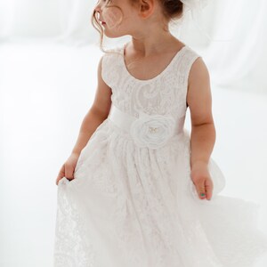 White Boho Flower Girl Dress with Tulle, Rustic Wedding Girl Dress, Bohemian Junior Bridesmaid Dress, Flower Girl Proposal Outfit image 4