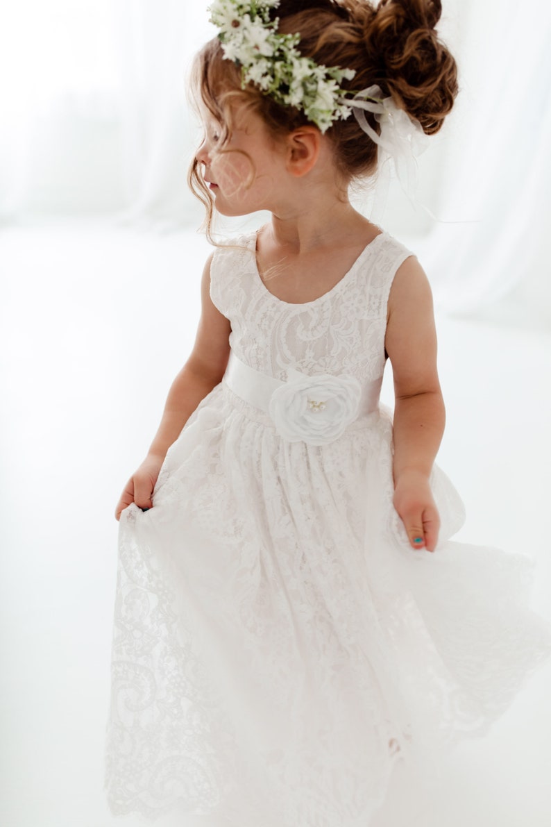 White Boho Flower Girl Dress with Tulle, Rustic Wedding Girl Dress, Bohemian Junior Bridesmaid Dress, Flower Girl Proposal Outfit image 4