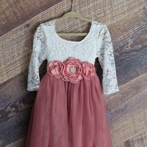 White Lace Flower Girl Dress, Dusty Rose Ball Gown, Mauve Flower Girl Dresses image 3