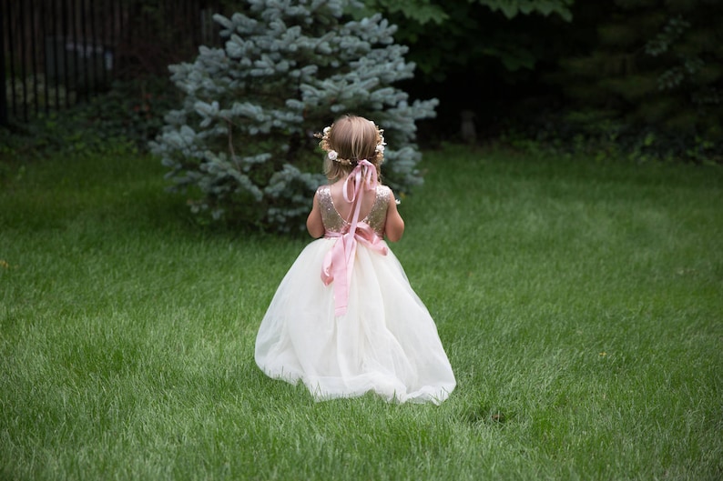 Romantic Tulle Flower Girl Dress, Boho Chic Dresses, Ivory Ball Gown, Rose Gold Sequin Dress image 8