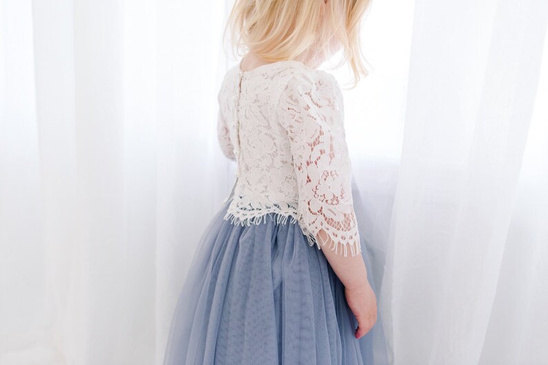 Slate Charcoal Blue Dusty Gray High Waisted Boho Beach Wedding Bohemian Tulle Two Piece Tutu Skirt White Lace Flower Girl Dress Buttons