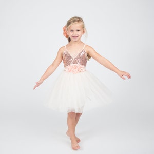 May include: A young girl wearing a white tulle dress with a rose gold sequin bodice and a pink flower sash. The dress has a V-neckline and is sleeveless.