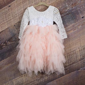 White Lace Flower Girl Dress, Blush Pink Tulle, Long Sleeve Wedding dress, Romantic Boho Dress image 4