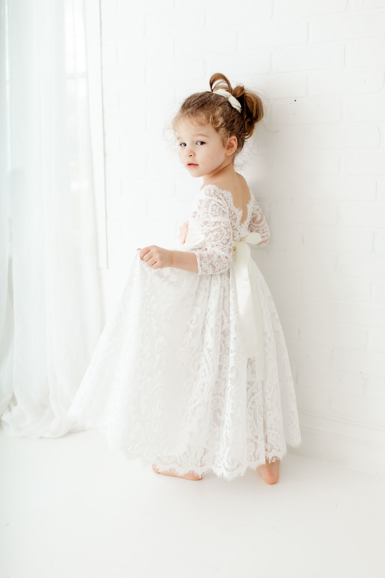 White Paisley Boho Flower Girl Dress, Rustic Lace Tulle Wedding Dress for Girls, Flower Girl Proposal Outfit image 4
